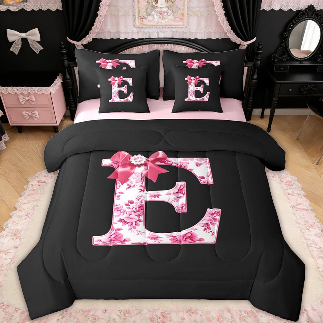 Erosebridal Floral Bow Letter E Twin Bedding Sets for Girls, Pink Initial Ribbon Bedding Comforter Set, Reversible, 7pcs