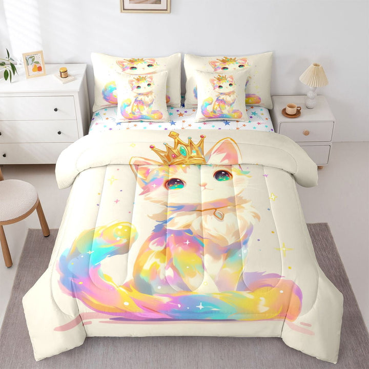 3D Cat Comforter Set Twin Size Bedding Bed In A Bag, 7 Pieces Anime Cat Bed Set, Kawaii Animal Print Comforter + Flat Sheet + Fitted Sheet + 2 Pillowcases + 2 Throw Pillow Covers