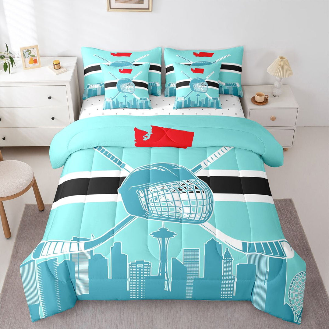 Twin Bed in a Bag Hockey Comforter Set with Sheets 7-Pieces All Season Winter Sports Bedding Sets with Comforter, Pillow Sham, Flat Sheet, Fitted Sheet and Pillowcase,Seattle