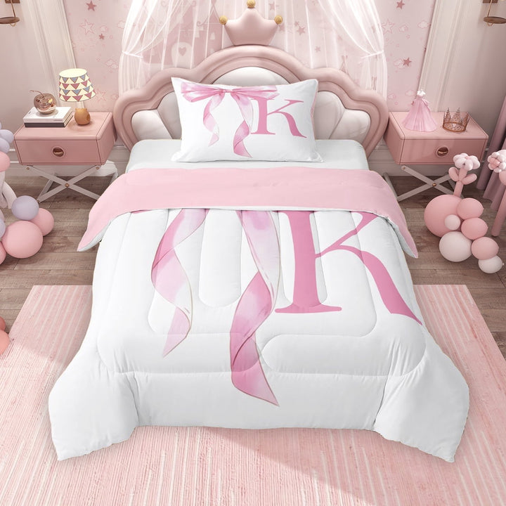 Erosebridal Girls Pink Bow Twin Comforter Sets, K Letter Bedding Set, Princess Style Bedroom Decor, Pink Reversible 2pcs, 1 Comforter and 1 Pillowcase