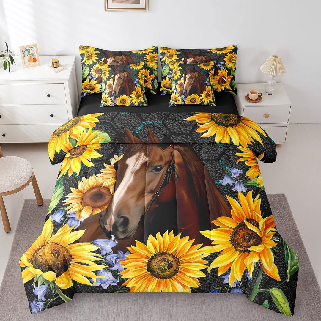 Galloping Horse Bedding Twin 7 Pieces Chic Sunflower Comforter Set Women, Animal Theme Bedding Comforter Sets Yellow Flower Floral Bed in a Bag Vintage Farmhouse Bedding Accessories