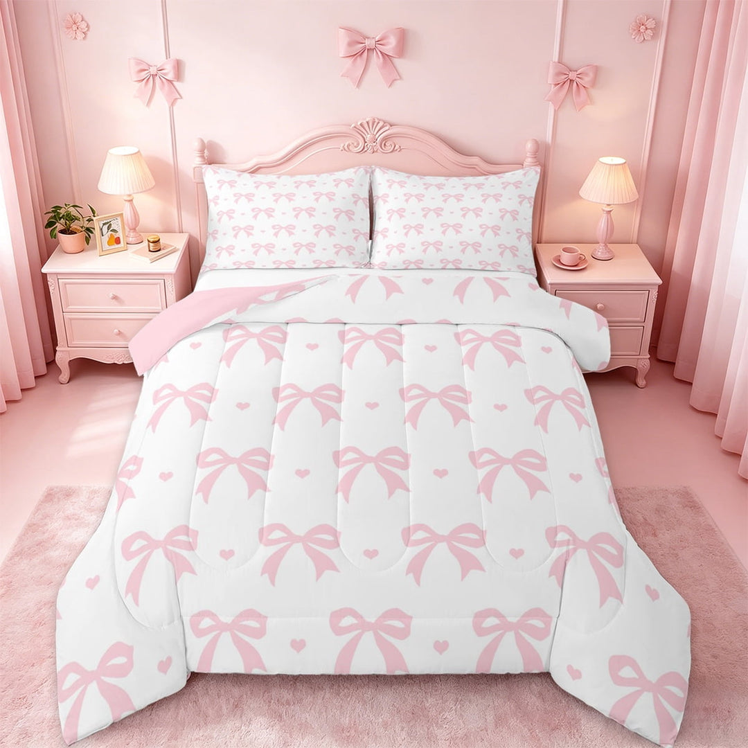 Manfei Ribbon Bow Bowtie Bedding Comforter Set,Pink Loves Print Twin Comforter Sets,Princess Bowknot Bedding Set For Child,Ultra Soft Home Decor Reversible,2-Piece