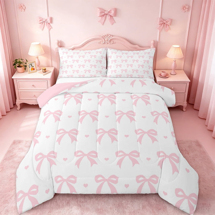 Manfei Ribbon Bow Bowtie Bedding Comforter Set,Pink Loves Print Twin Comforter Sets,Princess Bowknot Bedding Set For Child,Ultra Soft Home Decor Reversible,2-Piece