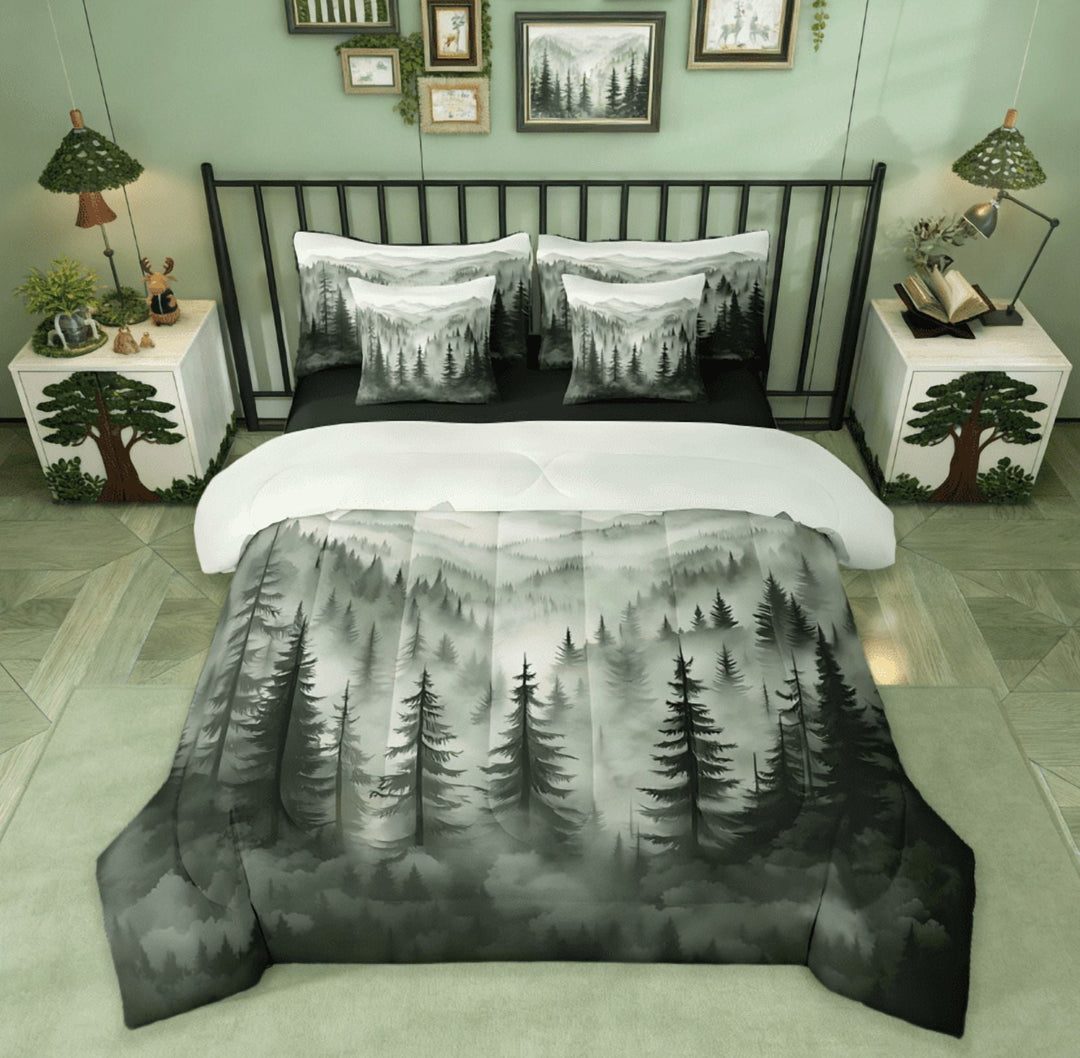 Manfei Nature Scenery Mountain 7 Pieces Bedding Comforter Set,Rustic Woodland Botanical Pine Tree Full Bedding Set For Kids Adults Natural Jungle Plants Reversible