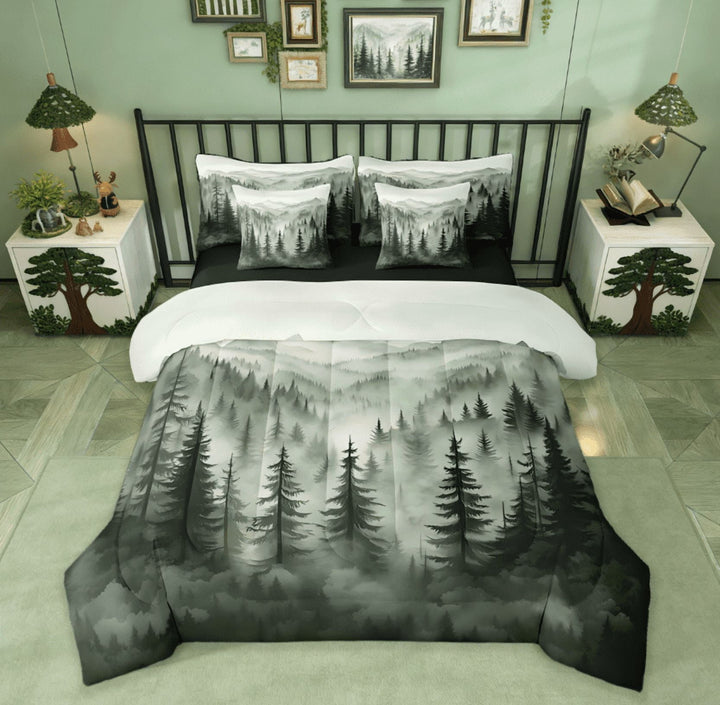 Manfei Nature Scenery Mountain 7 Pieces Bedding Comforter Set,Rustic Woodland Botanical Pine Tree Full Bedding Set For Kids Adults Natural Jungle Plants Reversible