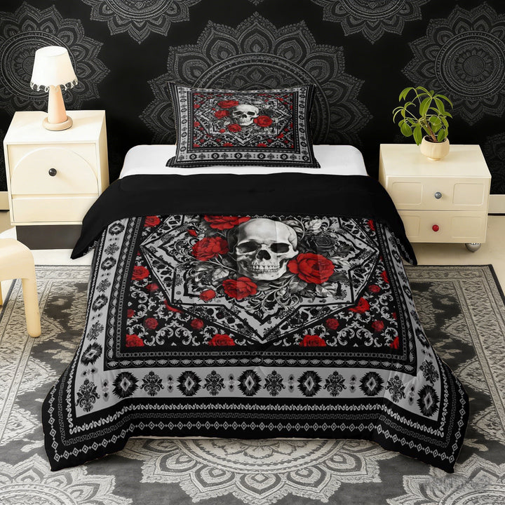 Erosebridal Sugar Skull Twin Comforter Sets, Bohemian Aztec Mandala Bedding Set, Black Gray Red, Black Reversible 2-Piece, 1 Comforter and 1 Pillowcase
