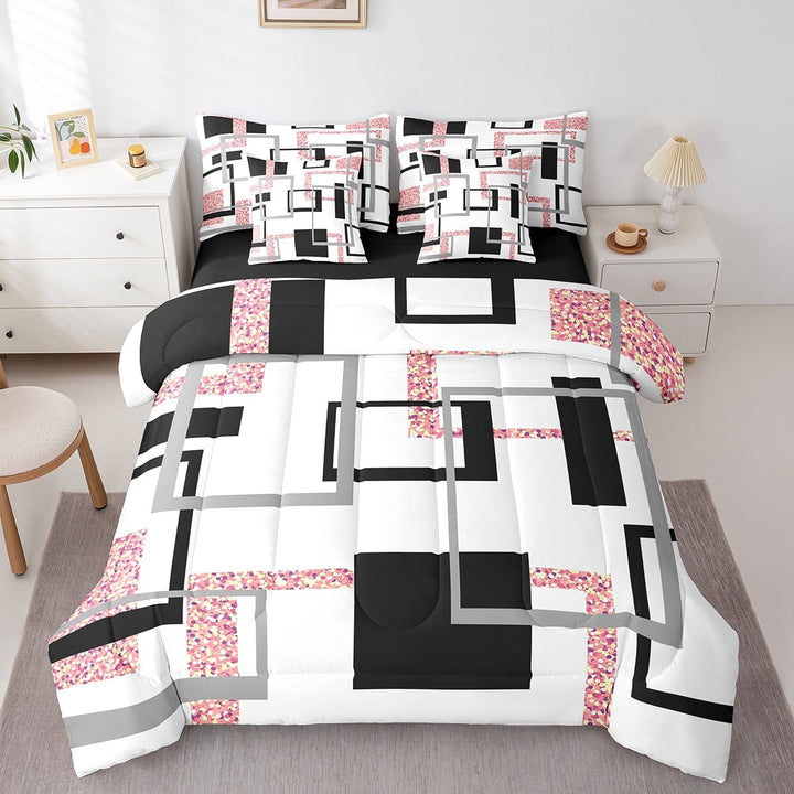 Erosebridal Stripe 7 Pcs Comforter Set for Teens Adult,Pink Sequins Bed in A Bag,Twin Modern Bedding Sets,Geometric Reversible Bed Sets with Sheet Set Pillow Sham