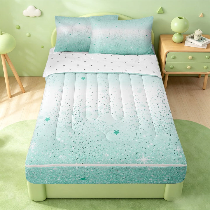meiyoeat Minimalist Sequin Print Zipper Twin Comforter Sets with Fitted Sheet and 2 Pillowcases,Cute Stars Pattern Zipper Bedding Set For Girls,Reversible,4 Pieces