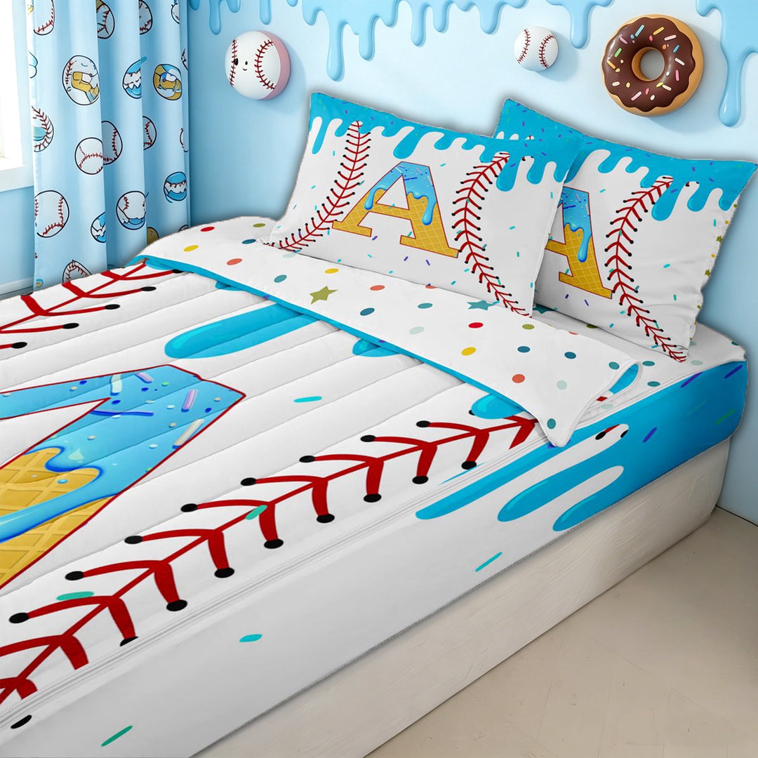 meiyoeat Drip Ice Cream Letter A Zipper Full Size Comforter Sets with Fitted Sheet and 2 Pillowcases for Kids Girls, Sprinkle Baseball Zipper Bedding Set, Blue Yellow, Polkadot Reversible, 4-Piece
