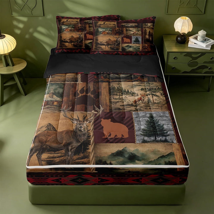 meiyoeat Rustic Cabin Deer Zipper Twin Comforter Sets with Fitted Sheet and 2 Pillowcases,Jungle Wildlife Zipper Bedding Set For Men Women,Black Reversible,4 Pieces