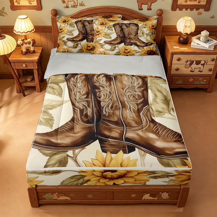 meiyoeat Cowboy Boot Sunflower Zipper Full Size Comforter Sets with Fitted Sheet and 2 Pillowcases,Western Floral Vintage Print Zipper Bedding Set,Reversible,4 Pieces