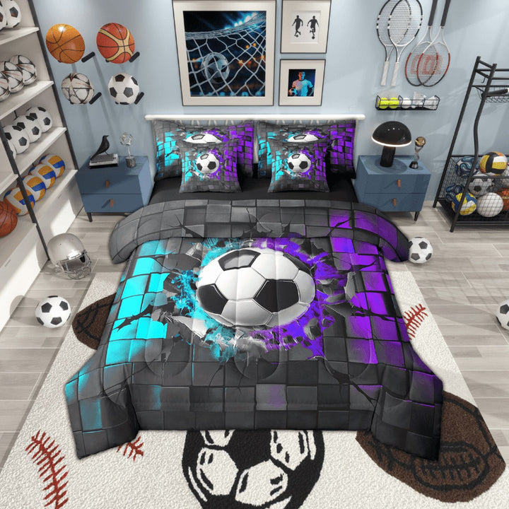 Erosebridal Sport Soccer Bedding Sets Twin Size,Geometric Buffalo Comforter Sets with Sheets,Blue Purple Bed in a Bag Twin size,Lightweight Ball Gamer Room Decoration,Reversible,7-Piece
