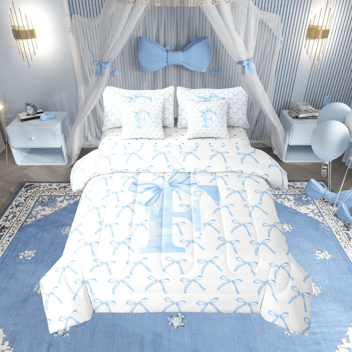 Erosebridal Letter Bow Bedding Sets Twin Size,Monogrammed Initial Comforter Sets with Sheets,Dreamy Room Decorative,Reversible,7pcs