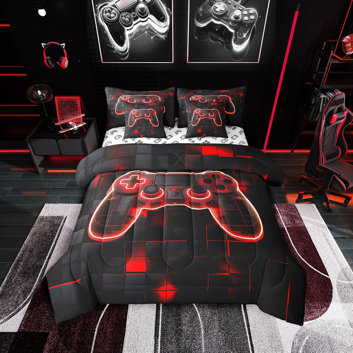 Erosebridal Gamer Comforter Set Twin Bed in A Bag 7pcs,Gamepad Bedding Set Young Man Video Games Down Comforter for Teen Game Room Decor Black Red Neon Square Gaming Quilted Duvet Set