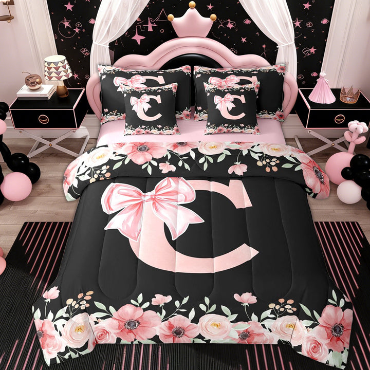 Erosebridal Cute Bowknot Floral Twin Bedding Sets 7-Piece, Black Pink Initial C Bedding Comforter Set