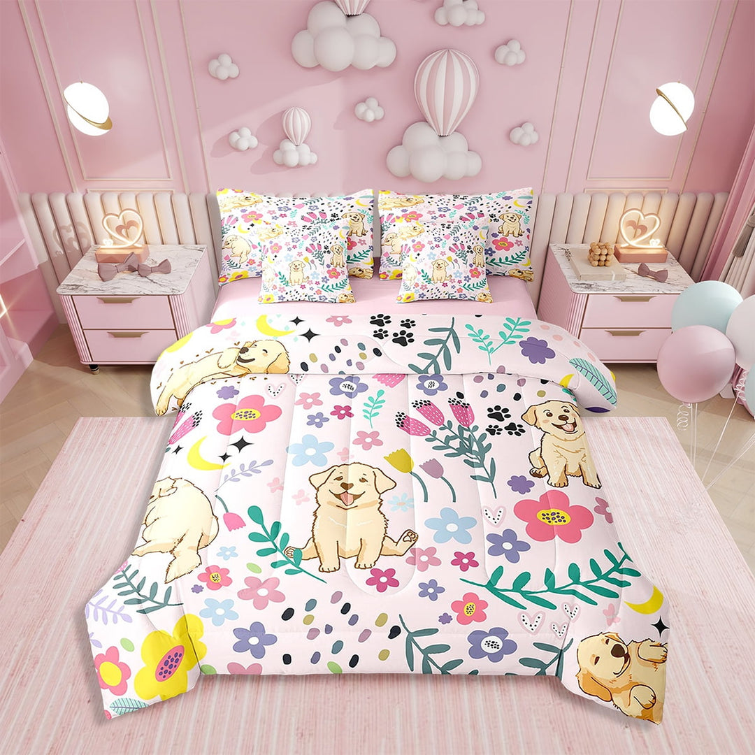 Full Comforter Set - 7 Pieces Floral Dog Bedding Sets Full Bed in a Bag with Reversible Golden Retriever Puppy Comforter, Sheets, Pillowcases &amp; Shams,Animal Reversible Bed Sets