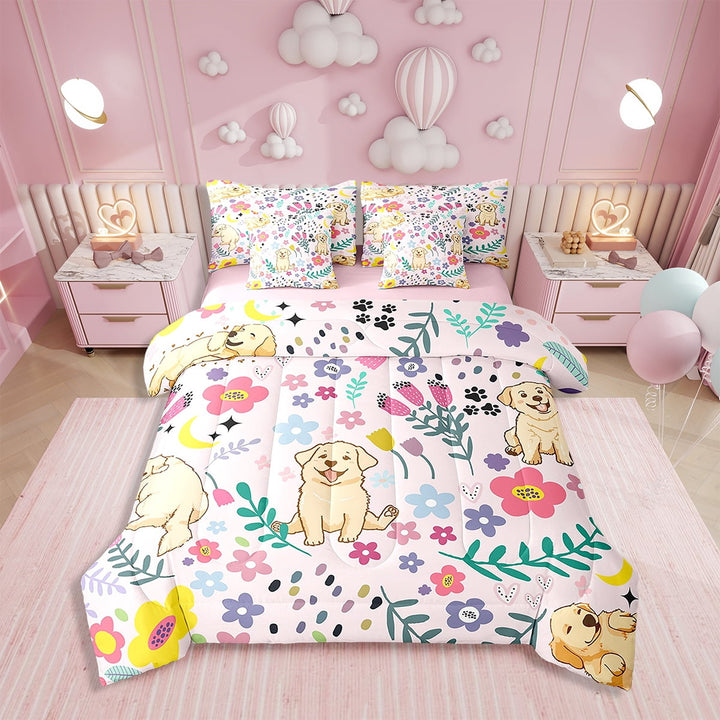 Full Comforter Set - 7 Pieces Floral Dog Bedding Sets Full Bed in a Bag with Reversible Golden Retriever Puppy Comforter, Sheets, Pillowcases &amp; Shams,Animal Reversible Bed Sets