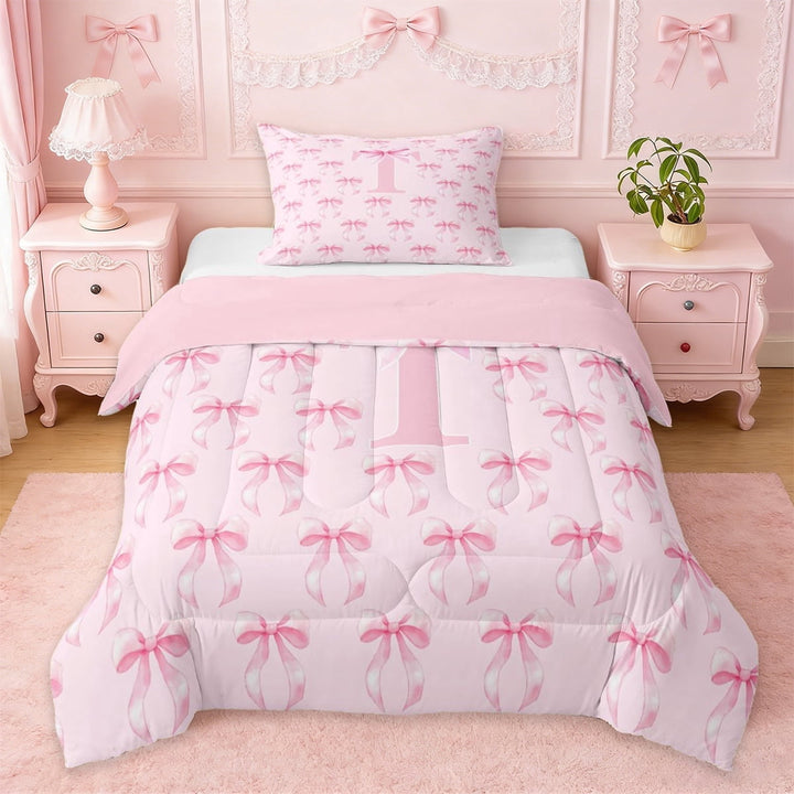 Erosebridal Pink Fashion Bowknot Twin Comforter Sets For Kids Girls,Letter T Initial Lettering Bedding Set,Pink Reversible,2-Piece