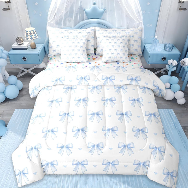 Erosebridal Blue Bow 7-Piece Twin Bedding Sets For Bowtie Girl,Bowknot Bedding Comforter Set,Dreamy Princess Style Bows,Reversible