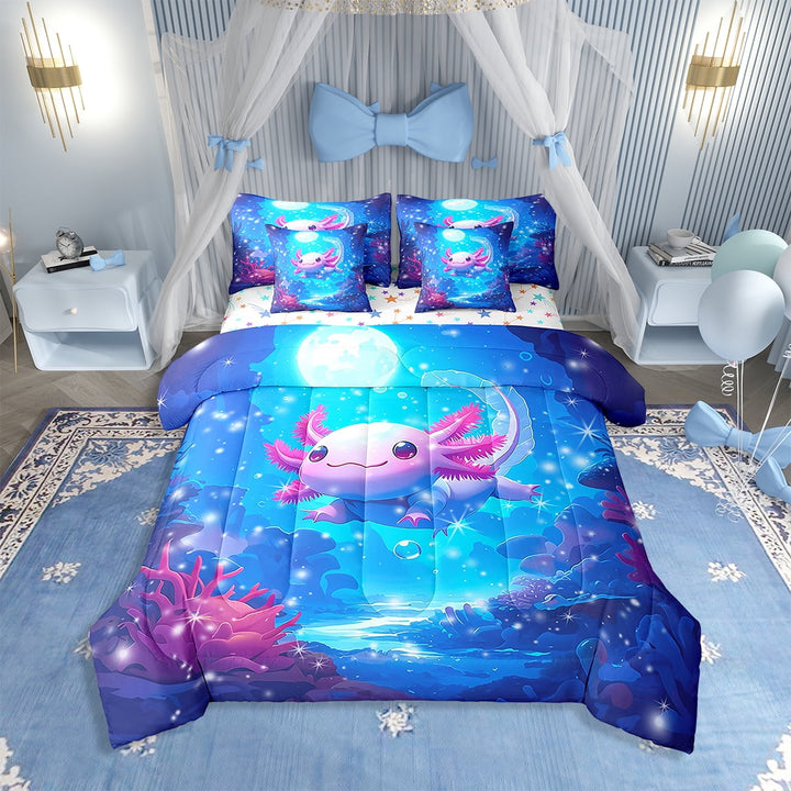 Erosebridal 7 Piece Cartoon Pink Axolotl Bed in a Bag Twin Marine Life Sheet Set,Sea Shell Bed Set Women Salamander Bedding Set with Comforter Cute Animal Cushion Covers