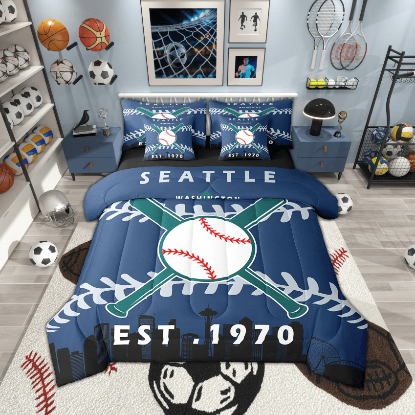 7 Pcs Comforter Set Twin Size, Baseball Bed in a Bag with Flat Sheet and Fitted Sheet and Adults,Baseball City Bedding Set with Pillowcase and Sham(Seattle)