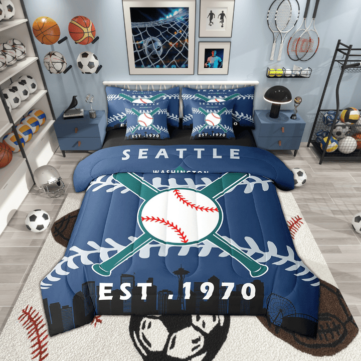 7 Pcs Comforter Set Twin Size, Baseball Bed in a Bag with Flat Sheet and Fitted Sheet and Adults,Baseball City Bedding Set with Pillowcase and Sham(Seattle)