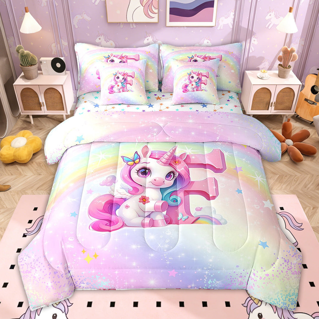 Erosebridal Girly Kawaii Unicorn Bed in a Bag Twin size, Romantic Rainbow Initial F Bed Set for Kids Girls, Colorful Stars Reversible, 7pcs