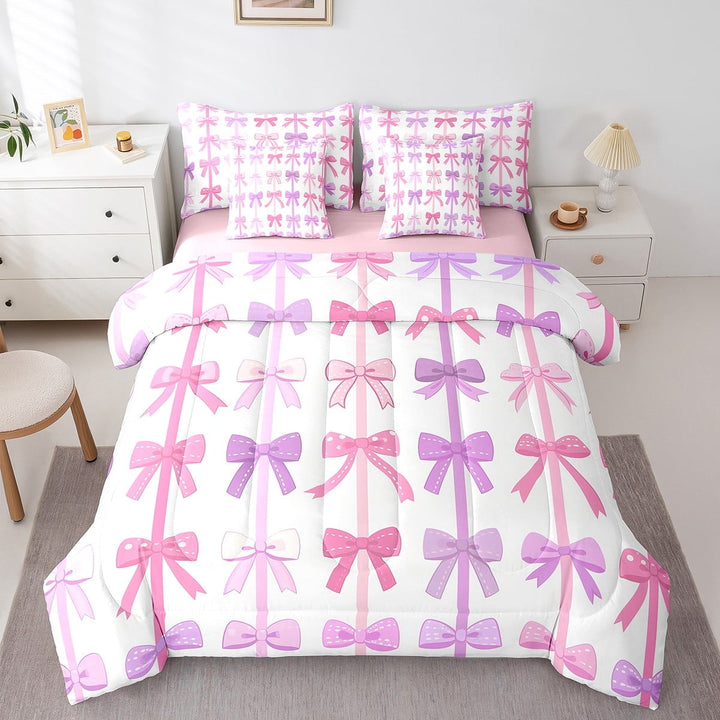 Erosebridal Dreamy Bow Bedding Twin Size, Pink Purple Bed in a Bag Twin size, Chic Bowknot Decor, Reversible 7 Pieces