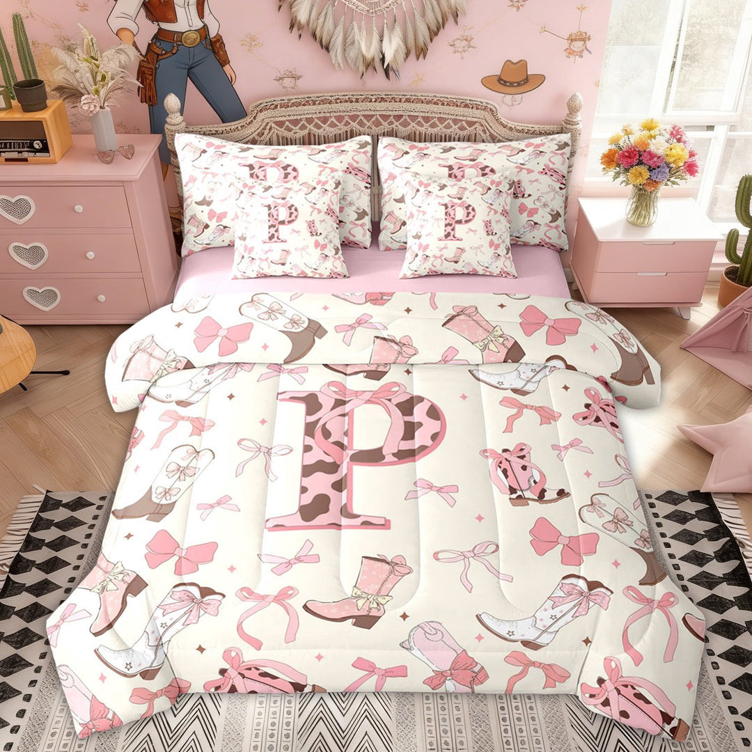 Erosebridal Pink Cowboy Boot Bow Letter P Bedding Comforter Set, Western Cow Print Full Bedding Set for Girls Kids, Pink Reversible, 7 Pieces
