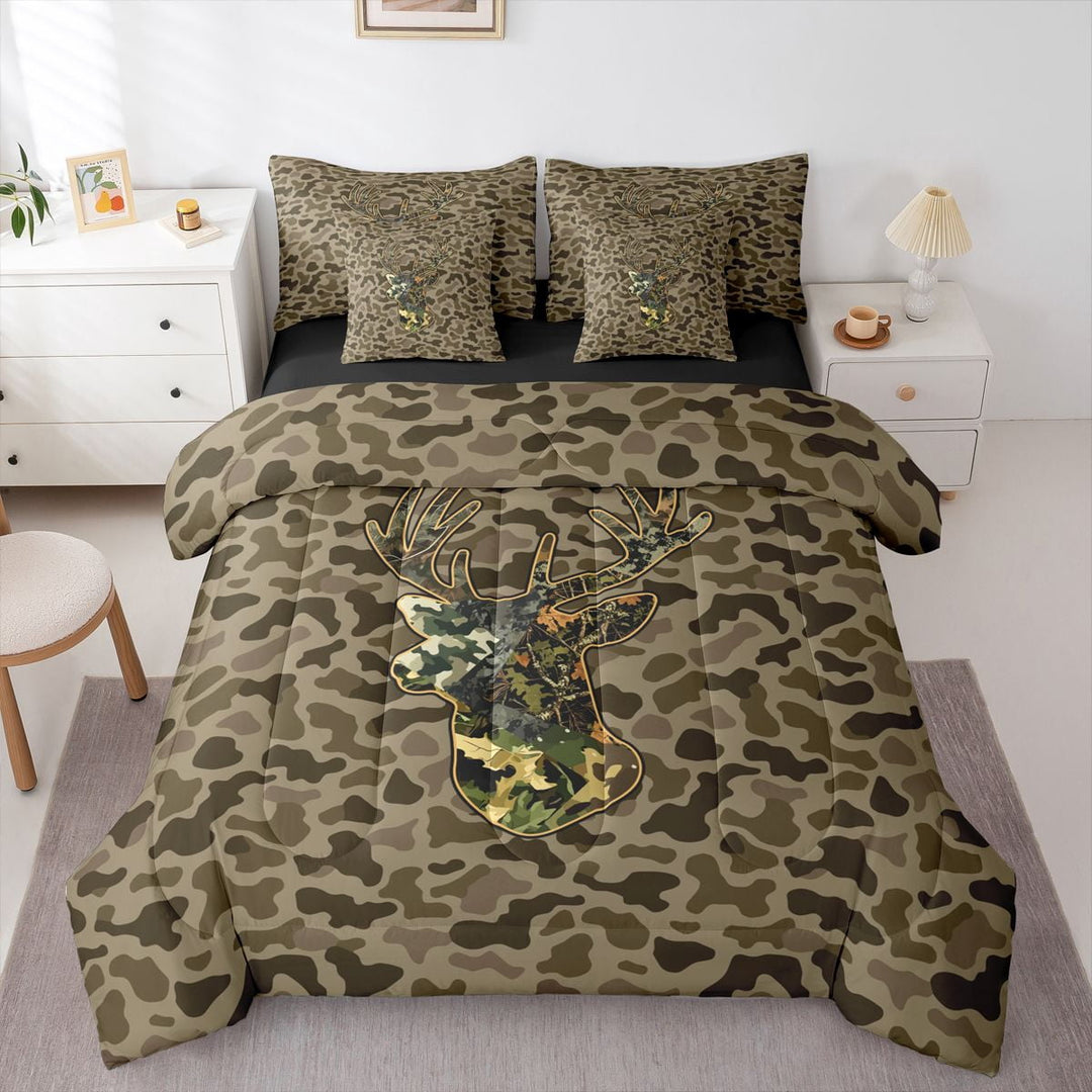 Manfei Rustic Camouflage 7-Piece Twin Bedding,Vintage Animal Deer Bedding Comforter Set,Black Reversible