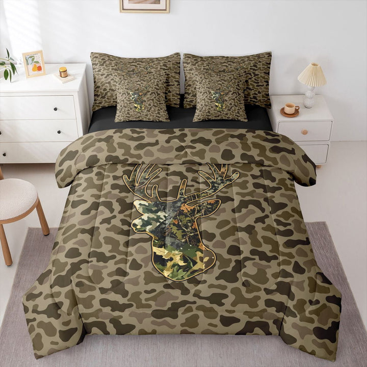 Manfei Rustic Camouflage 7-Piece Twin Bedding,Vintage Animal Deer Bedding Comforter Set,Black Reversible