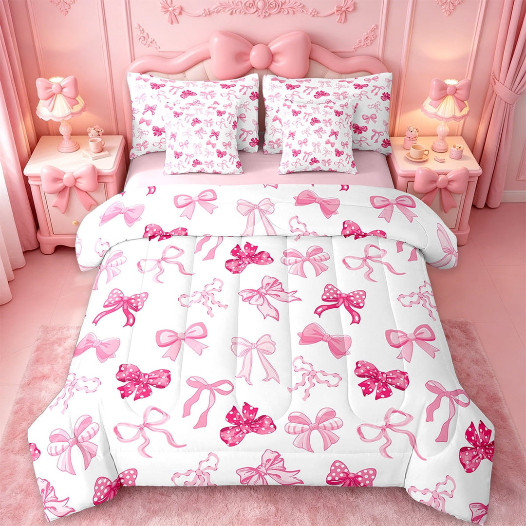Erosebridal Cartoon Bowtie Bedding Sets Twin Size,Bow Knot Pattern Comforter Sets with Sheets,White Pink Bed in a Bag Twin Size,Super Cozy Room Decoration Reversible,7-Piece