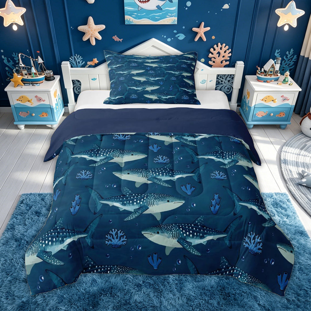meiyoeat Whale Shark Full Size Comforter Sets for Kids Boys, Navy Coral Reef Bedding Comforter Set for Bedroom, Blue Reversible, 3pcs