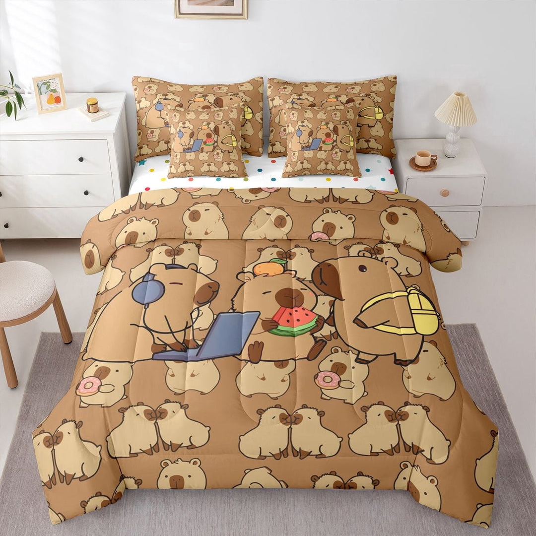 Erosebridal Brown Capybara Twin Bedding Sets 7-Piece For Child Boys Girls,Kids Kawaii Animal Bedding Comforter Set,Breathable Home Decor