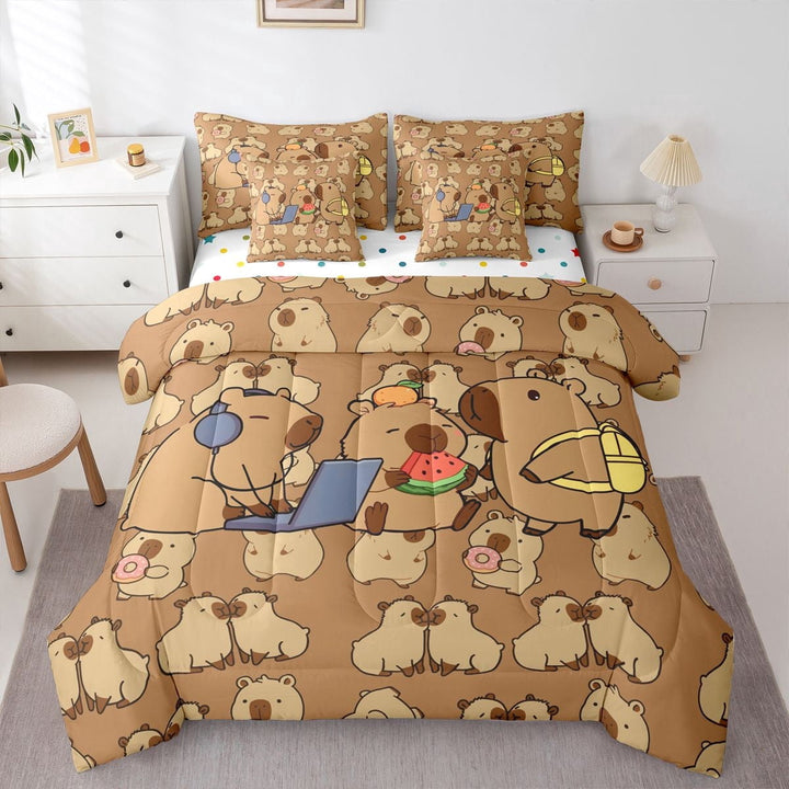 Erosebridal Brown Capybara Twin Bedding Sets 7-Piece For Child Boys Girls,Kids Kawaii Animal Bedding Comforter Set,Breathable Home Decor