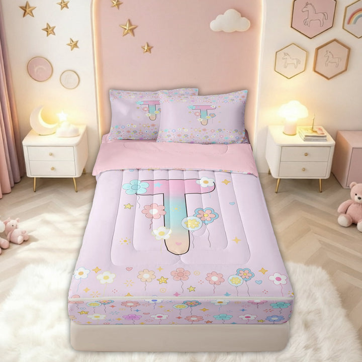 meiyoeat Cute Floral Letter T Zipper Comforter Set with Fitted Sheet and 2 Pillowcases for Kids Girls, Pastel Initial Zipper Bedding Set for Birthday Party, Pink, Pink Reversible, 3-Piece