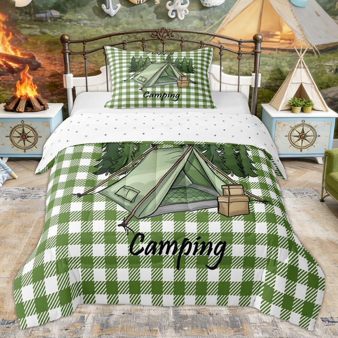 Erosebridal Green Plaid Tent Camping Twin Comforter Sets, Pine Tree Happy Quote Bedding Set for Men and Women, 2 Pieces