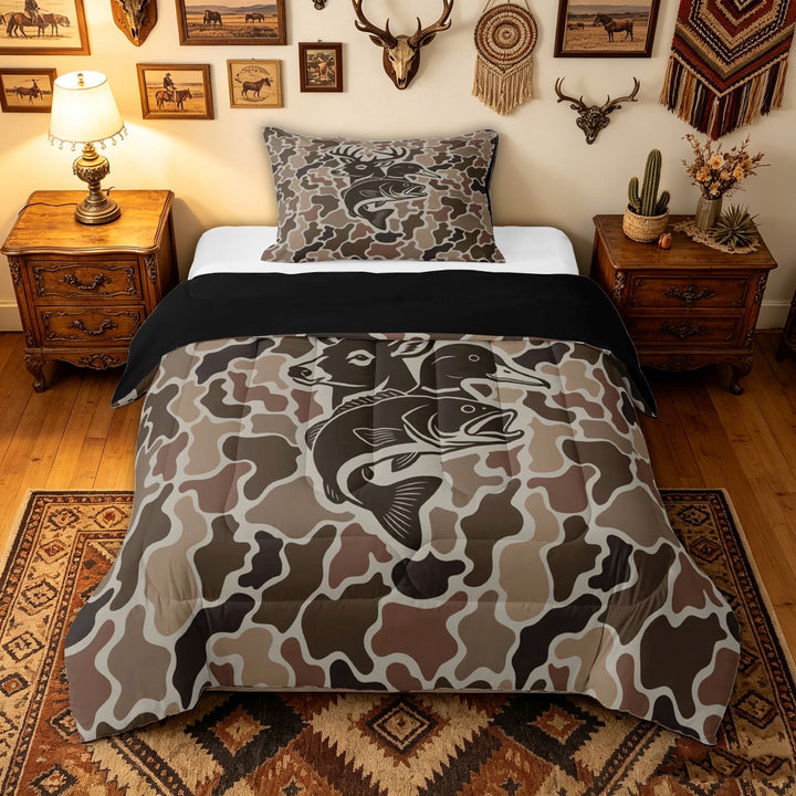 meiyoeat Rustic Outdoor Fishing Hunting Full Size Comforter Sets for Men Boys, Forest Lake Wildlife Bedding Comforter Set, Black Reversible, 3-Piece, 1 Comforter and 2 Pillowcases