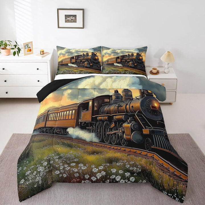 Erosebridal Oil Painting Bedding Twin Comforter Set, Vintage Train Down Comforter, Daisy Floral Decor, 2pcs, Reversible