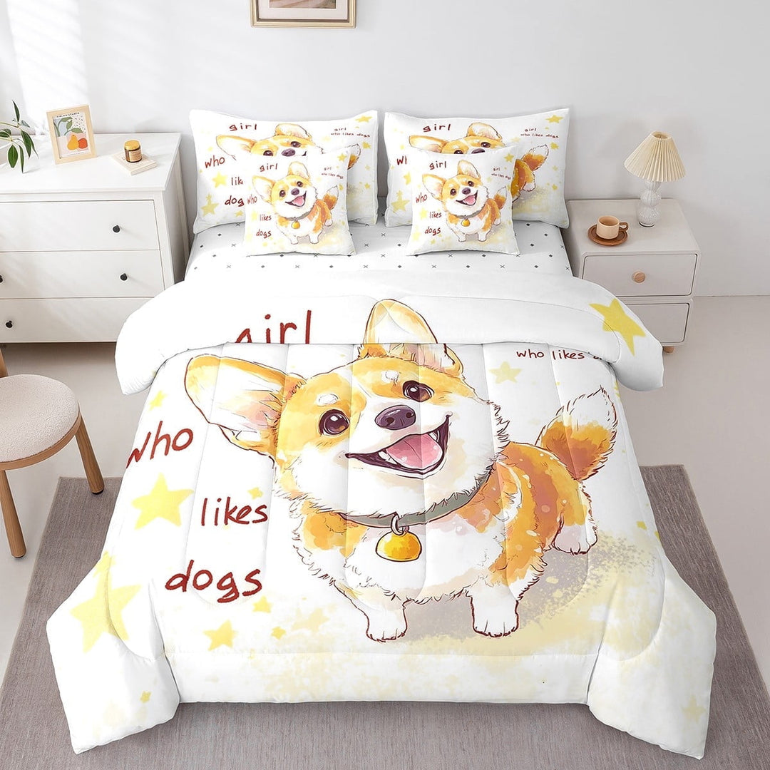 Kawaii Corgi Bedding Set Twin Size,Cartoon Dog Puppy Comforter 7 Pieces Bed In A Bag Lovely Doggy Sheet Set Cute Animals Pet Flat Sheet Bedroom Decor
