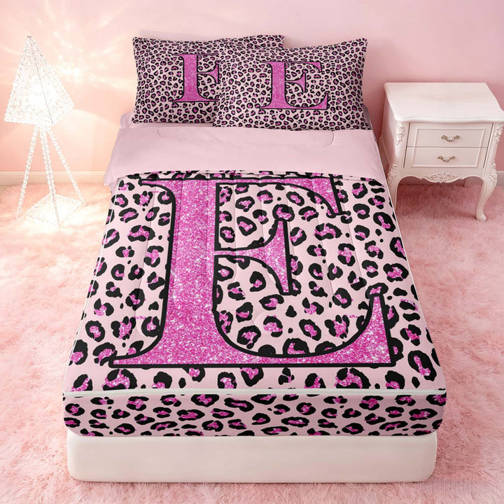 meiyoeat Glitter Leopard Print Letter E Zipper Twin Comforter Sets with Fitted Sheet and 2 Pillowcases, Girls Teens, Pink Sparkle Monogrammed Zipper Bedding Set, Pink Reversible