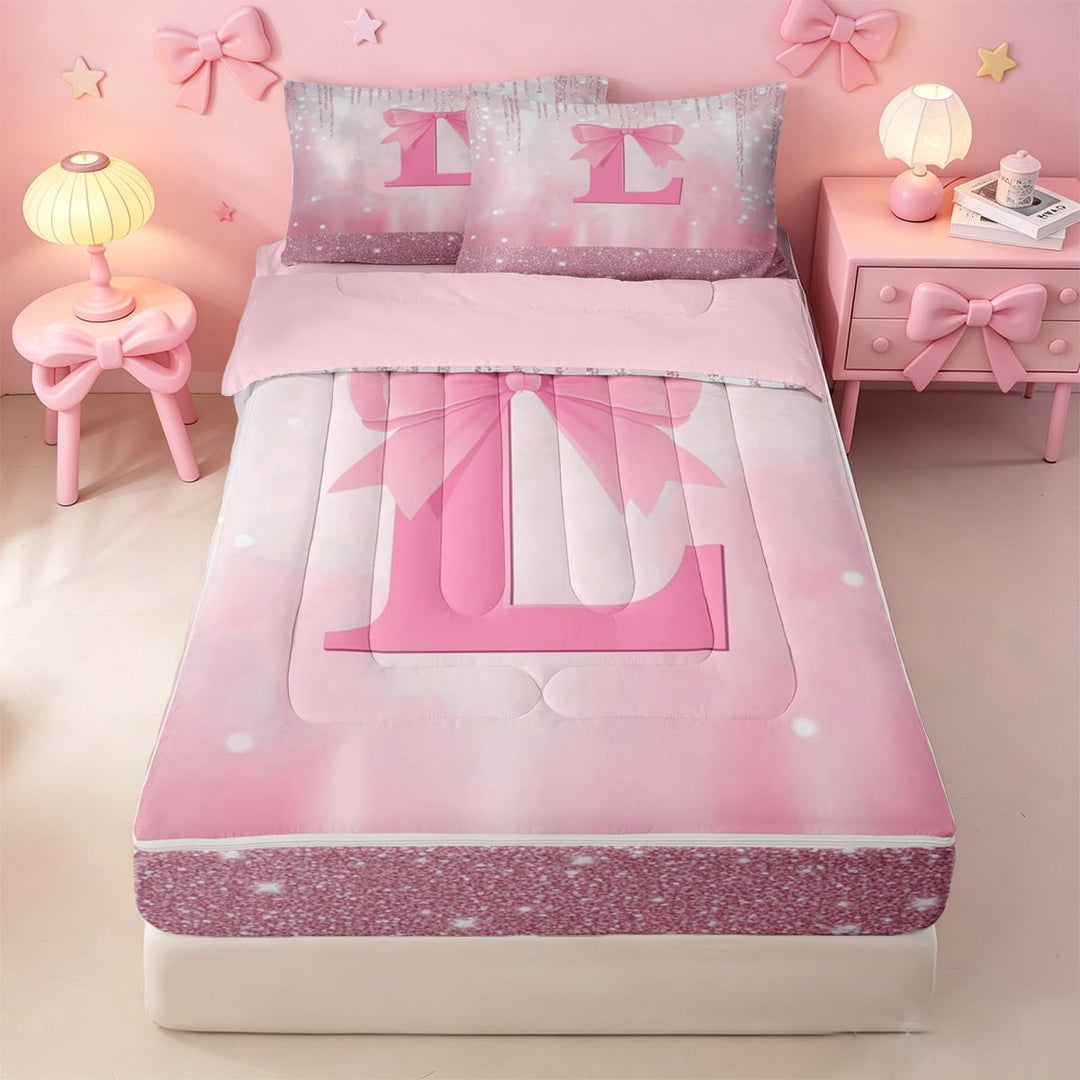 meiyoeat Personalized Monogrammed Gifts Zipper Full Size Comforter Sets with Fitted Sheet and 2 Pillowcases For Bow Lovers,Pink Bowtie Letter L Zipper Bedding Set,4-Piece