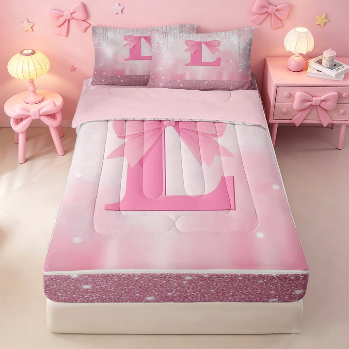 meiyoeat Personalized Monogrammed Gifts Zipper Full Size Comforter Sets with Fitted Sheet and 2 Pillowcases For Bow Lovers,Pink Bowtie Letter L Zipper Bedding Set,4-Piece
