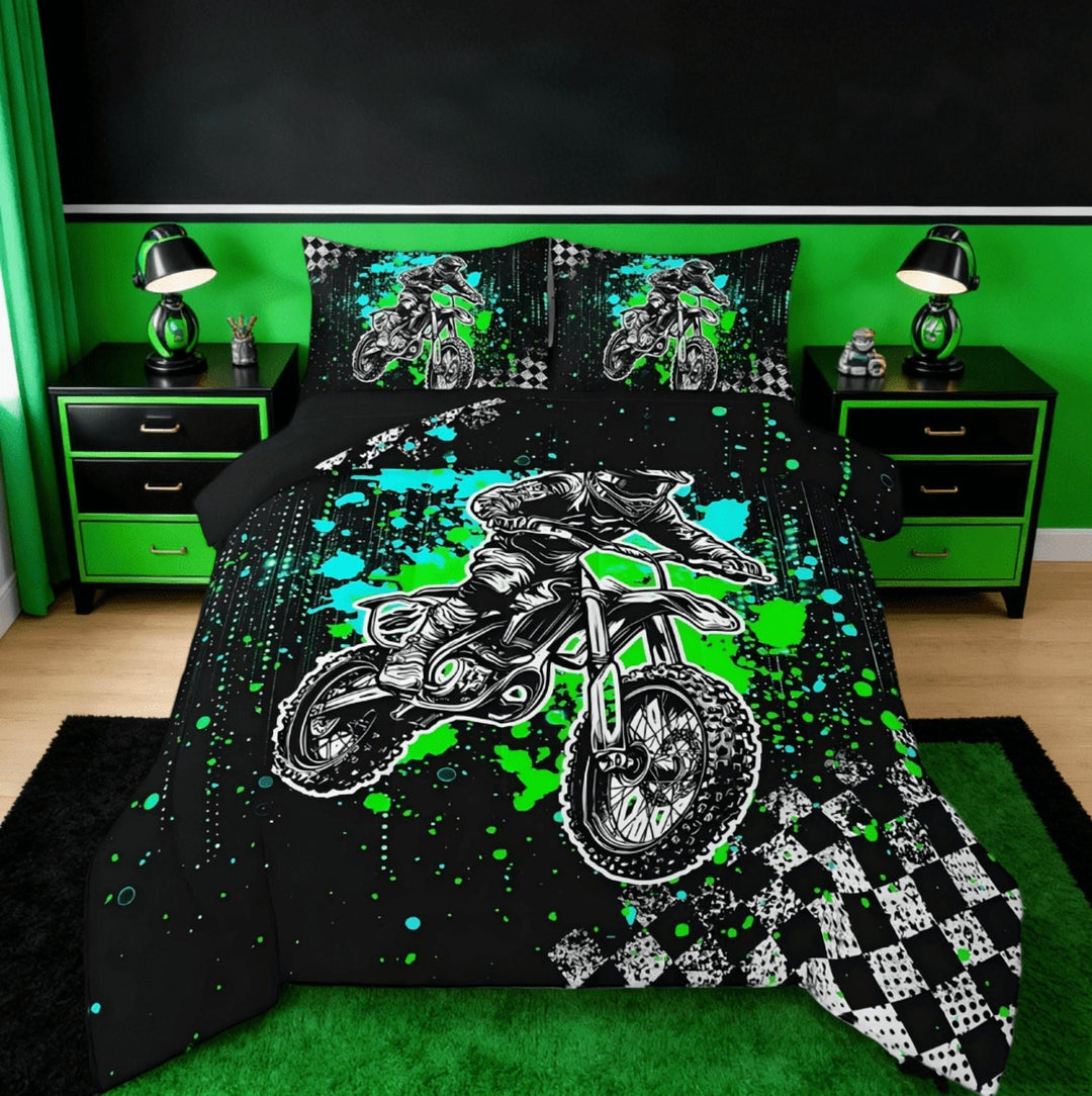 Manfei Kids Dirt Bike Full Size Comforter Sets,Racing Motocross Rider Extreme Sports Bedding Sets,Motorcycle Bed Set Reversible 3-Piece
