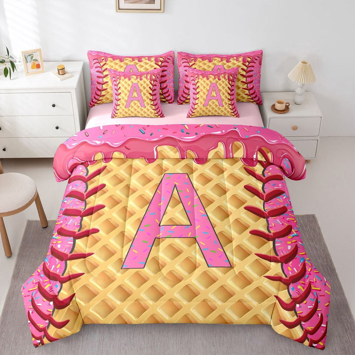 Erosebridal Ice Cream Letter A Twin Bedding Sets for Kids, Pink Baseball Bedding Comforter Set, 7 Pieces