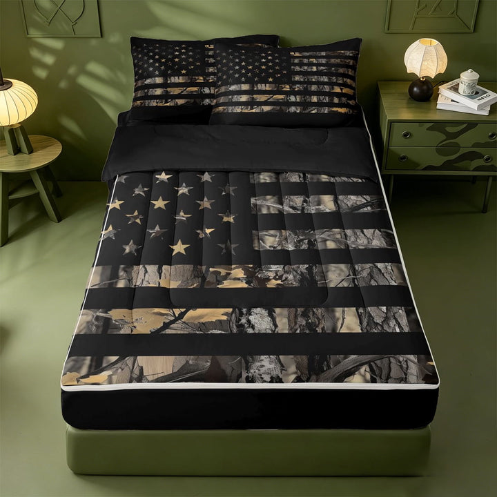 meiyoeat Boys Personalized Camo Gift Zipper Full Size Comforter Sets with Fitted Sheet and 2 Pillowcases For Kids,Outdoor Camouflage Print Zipper Bedding Set,Black Reversible,4-Piece