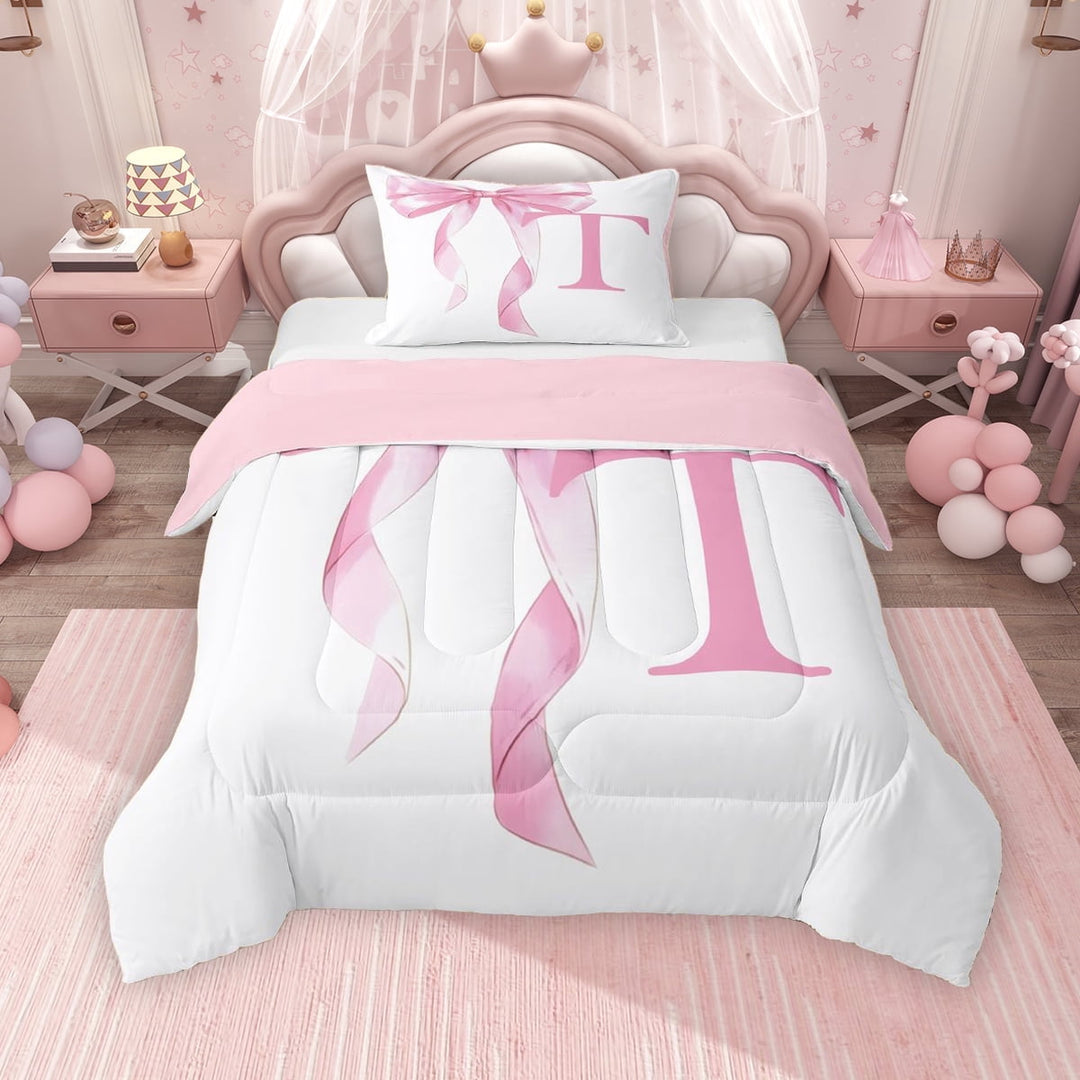 Erosebridal Girls Pink Bow Twin Comforter Sets, T Letter Bedding Set, Princess Style Bedroom Decor, Pink Reversible 2pcs, 1 Comforter and 1 Pillowcase