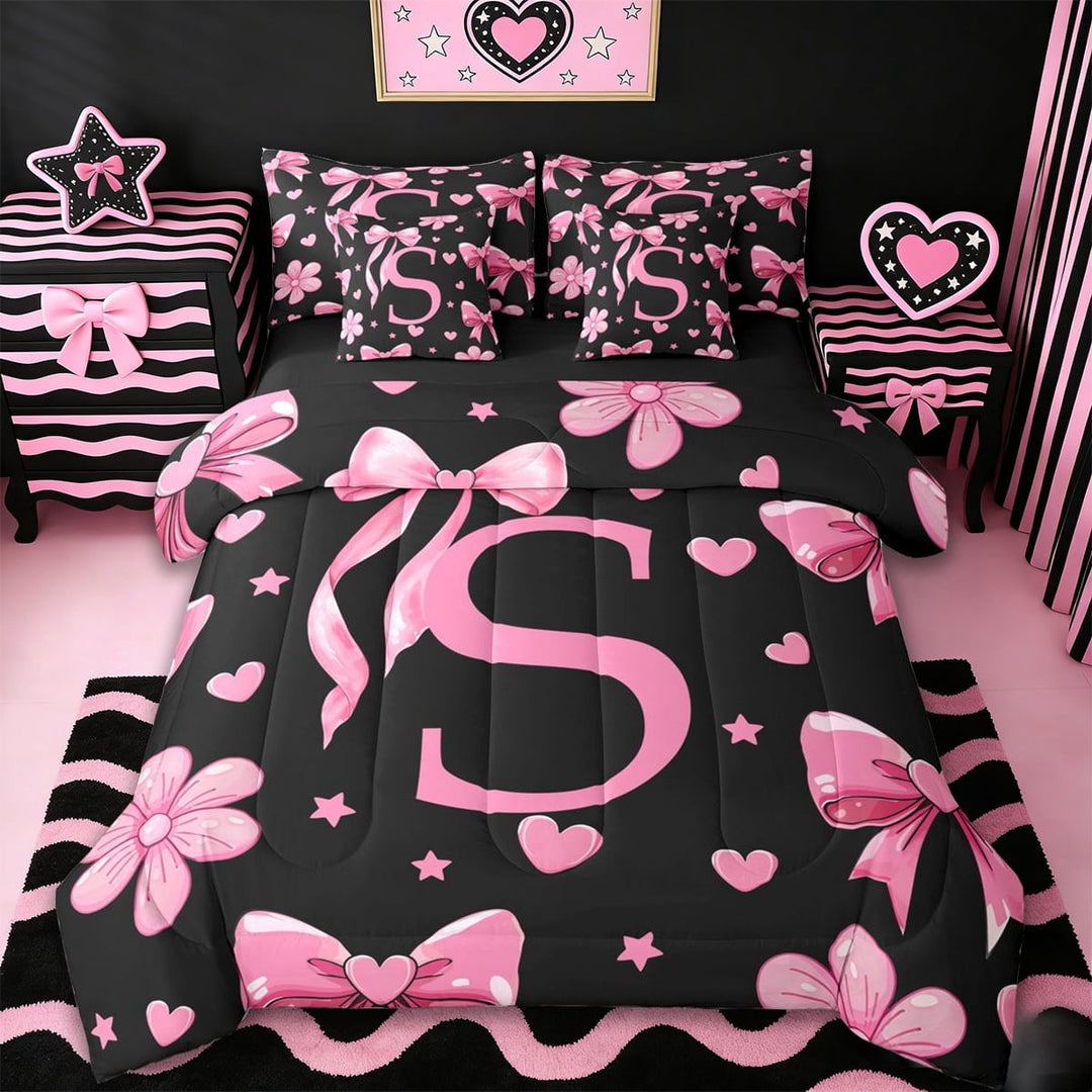 Erosebridal Pink Initial Alphabet S 7-Piece Twin Bedding Sets,Cute Coquette Bows Girls Bedding Comforter Set For Kids,Reversible black