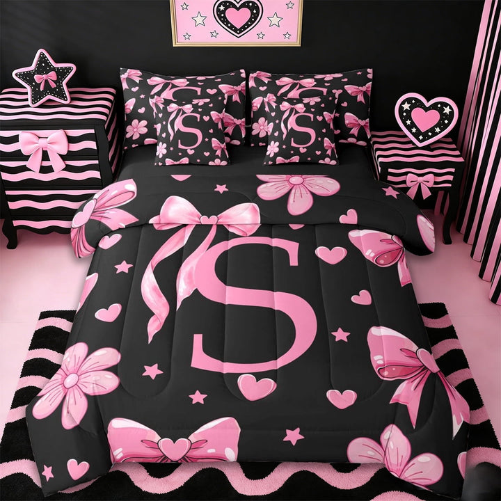 Erosebridal Pink Initial Alphabet S 7-Piece Twin Bedding Sets,Cute Coquette Bows Girls Bedding Comforter Set For Kids,Reversible black