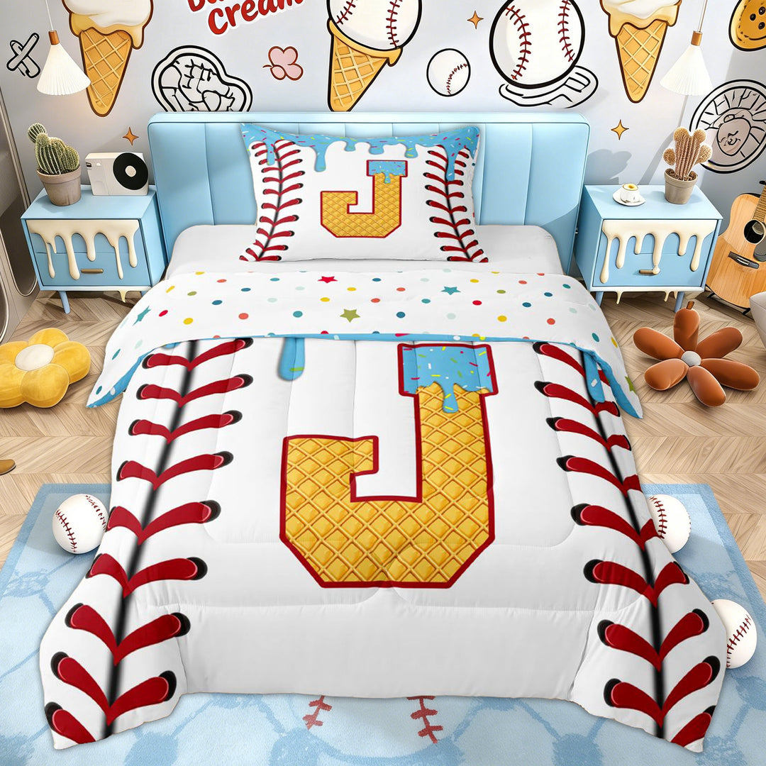 Erosebridal Kids Buffalo Letter J Twin Comforter Sets, Baseball Ice Cream Bedding Set, 2pcs